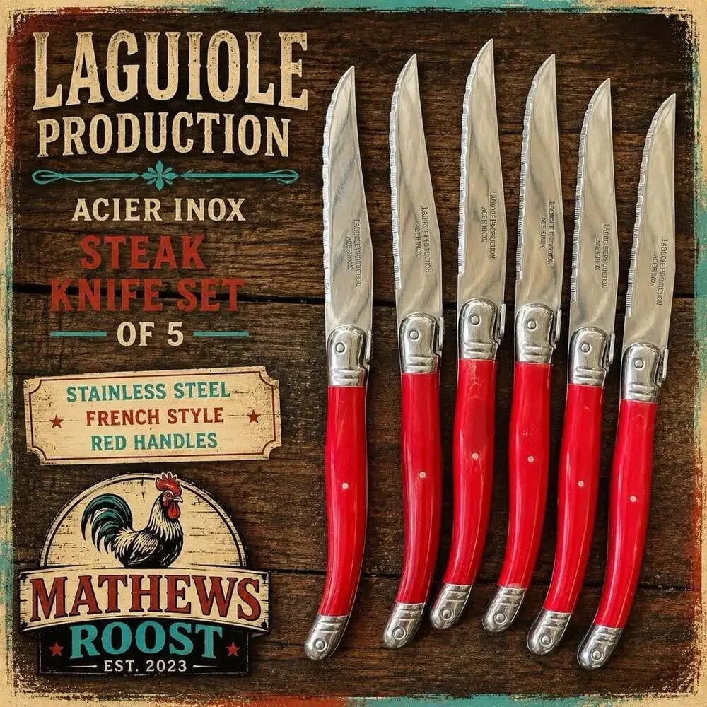 Laguiole Production Acier Inox Red Steak Knife Set of 5 Stainless France Style